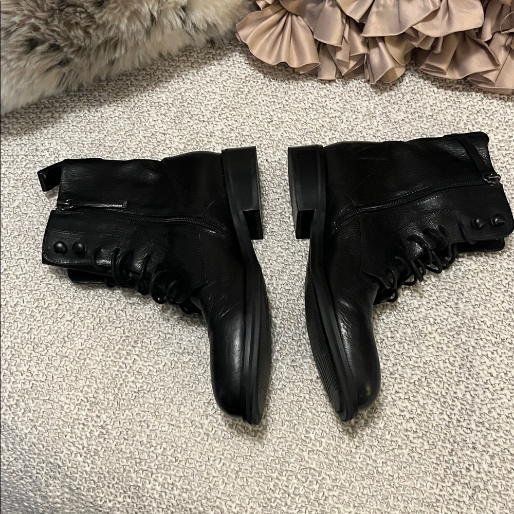 Coupe De Foundre Black Leather Lace-Up Zipper Moto Combat Boots - Picture 3 of 11